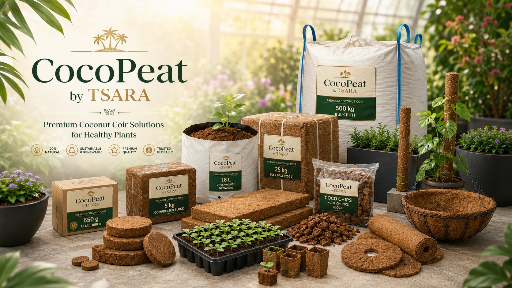 CocoPeat by TSARA ürün ailesi - blok, growbag, bale, disk, briket, chips, saksı ve dökme pith / product family